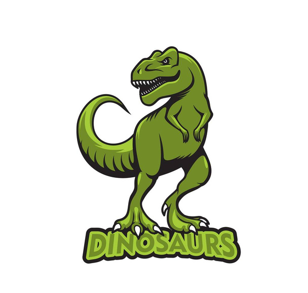 Tyrannosaur dinossauro mascote, isolado vetor dino esporte equipe emblema. T-shirt para basquete, futebol, futebol, hóquei ou clube de beisebol. Etiqueta de jogadores da liga com réptil jurássico t-rex - Vetor, Imagem