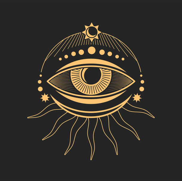 予測眼、ターロット魔法のシンボル、民族のお守り。ベクトルタトゥーの目と月、全体的なビジョンサイン、部族のチャクラ線、すべての目を見て - ベクター画像