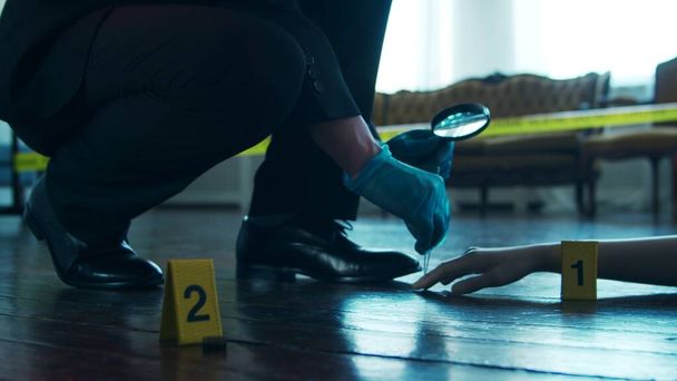 Detective Collecting Evidence in a Crime Scene. Forensic Specialists Making Expertise at Home of a Dead Person. The Concept of Homicide Investigation by Professional Police Officer. - Φωτογραφία, εικόνα