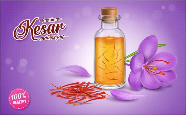 Illustrazione vettoriale dell'olio di zafferano con fiore di zafferano e i suoi petali isolati su fondo lilla - Vettoriali, immagini
