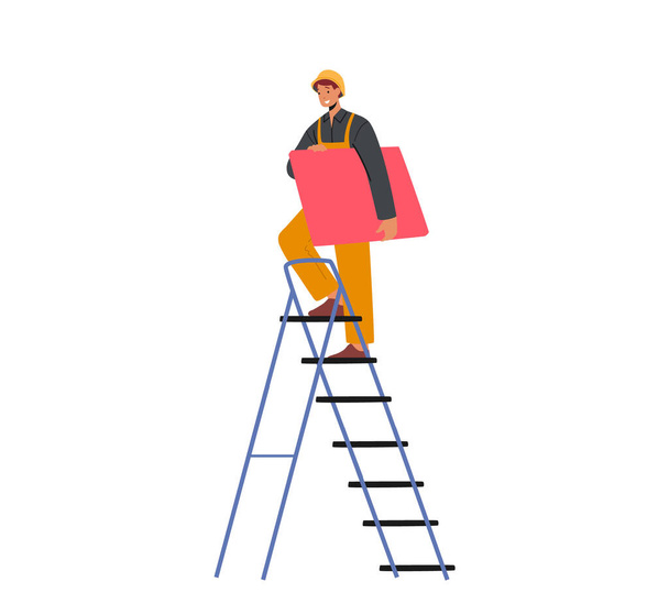 Arbeiterfigur mit roter Kachel, die auf einer Leiter auf weißem Hintergrund klettert. Mitarbeiter führen Dachdeckerarbeiten durch, reparieren Hausdächer, Dachdecker mit Arbeitsgeräten. Zeichentrickvektorillustration - Vektor, Bild