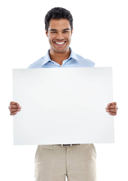 How do you like this idea. Studio shot of a young man holding a blank card for copyspace isolated on white - Foto, imagen
