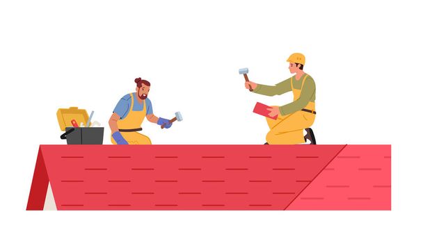 Мужчины крыши с рабочими инструментами крыши и плитки крыши жилого здания. Персонажи строителей Ремонт дома, Крепление плитки на крыше дома с инструментами. Вектор карикатурных людей - Вектор,изображение