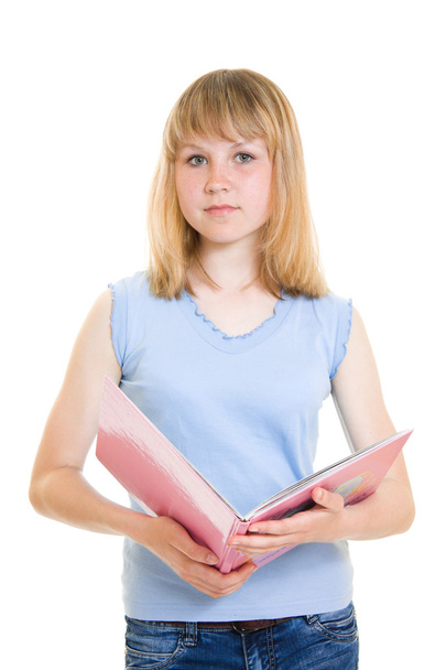 Teenager with books on white background. - 写真・画像