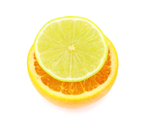 Fresh cut lime and orange isolated on white - Фото, изображение