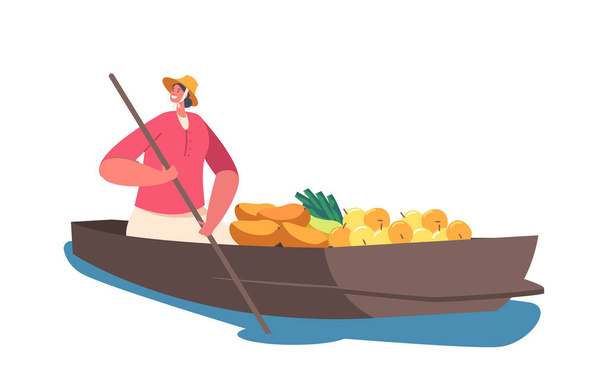 Verkäuferin Charakter tragen Strohhut verkaufen und kaufen Waren schwimmen auf Boot isoliert auf weißem Hintergrund. Händlerinnen verkaufen Früchte auf schwimmendem Markt in Thailand Cartoon People Vektor Illustration - Vektor, Bild