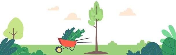 Luonto, puutarha tai puisto maisema puu taimet Wheelbarrow. Uudelleenmetsittämisen käsite, Pelastakaa luonto, Ympäristönsuojelu, Maailmanlaajuinen Ympäristöliike. Sarjakuva vektori kuvitus - Vektori, kuva