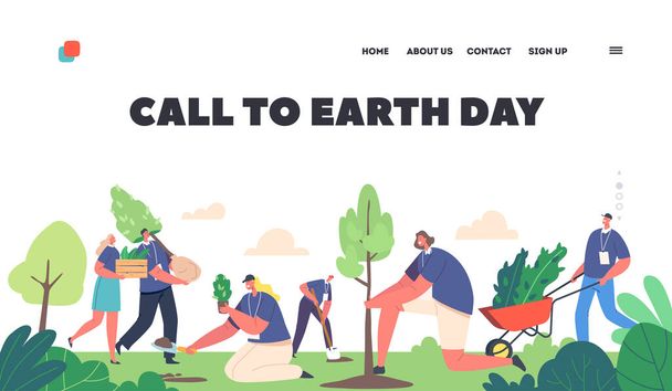 Earth Day Landing Page Template. Personaggi volontari piantare alberi. Persone che lavorano in giardino, ambiente mondiale, rimboschimento, salvare il pianeta, concetto di ripristino delle foreste. Illustrazione del vettore del fumetto - Vettoriali, immagini