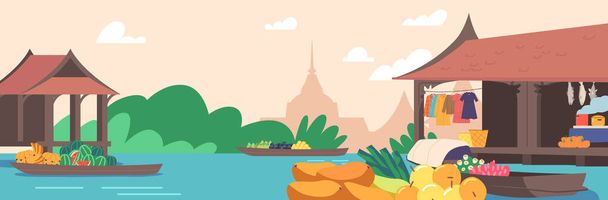 Thajsko plovoucí trh na asijské přírodní krajiny. Dřevěné domy na hromadách stojí ve vodě s různým zbožím na terase, Loď s květinami a ovoce plují na řece. Cartoon Vector Illustration - Vektor, obrázek