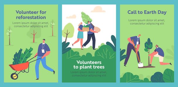 森林再生、地球を救う惑星、森林回復漫画のバナー。ボランティアキャラクター苗や成長する木を植える。庭で働く人々,世界環境デー,ベクトルポスター - ベクター画像