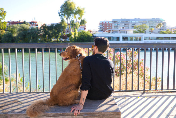 A handsome young man sitting with his golden retriever dog on a bench. In the background you can see the river and against the sunlight in the evening. Concept pets, animals, dogs, pet love. - 写真・画像