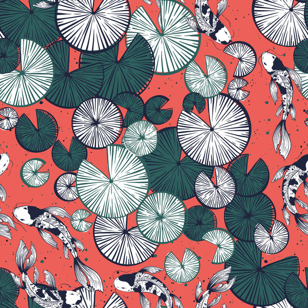 Vektorový bezešvý vzor s listy lilií lotosových a japonskými kapry, koi rybami. Ideální pro textil, tkaniny, tapety, grafiku, tisk atd.. - Vektor, obrázek