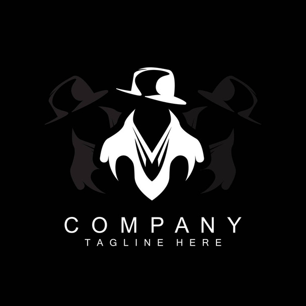 Detective Man Logo Design, Mafia Detective Fashion Tuxedo And Hat Illustration Vector, BlackMan Businesman Icon - Vector, Image