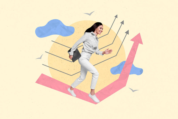 Collage 3d image of pinup pop retro sketch of funny funky running fast businesswoman hurry reach success arrows work statistics employee. - 写真・画像