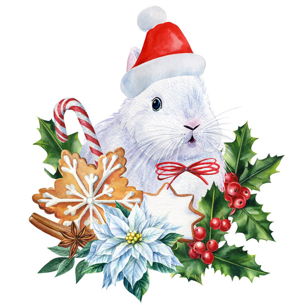 Кролик на изолированном белом фоне, окрашенный акварелью, пушистый кролик, смешной плакат с детьми. Зимнее праздничное животное. Высокое качество иллюстрации - Фото, изображение