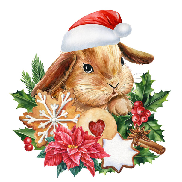 Bunny on isolated white background, painted with watercolor, fluffy rabbit, kids funny poster. Winter holiday animal. High quality illustration - Photo, Image