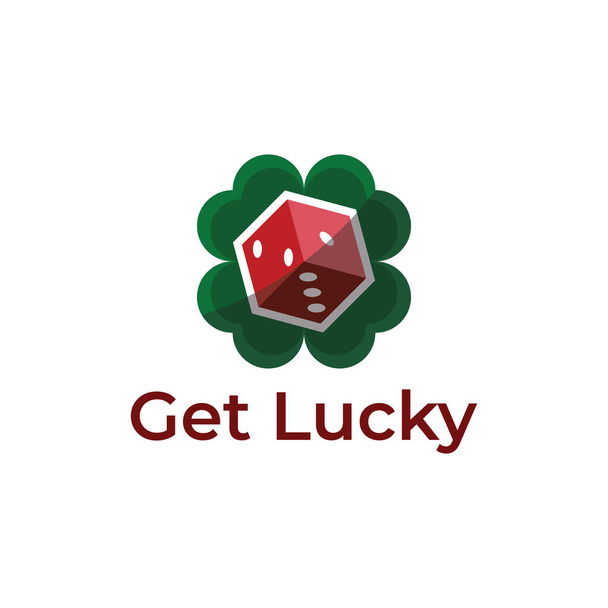 Logo kości z liściem koniczyny, szczęśliwe logo gier kasynowych, pokera lub podobnych gier w kości. - Wektor, obraz