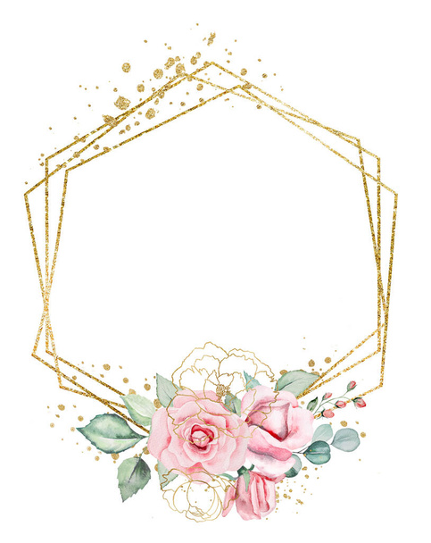 Geometric golden Frame frame made of pink watercolor flowers and green leaves isolated. Round floral element for summer wedding stationery and greetings cards, copy space - Photo, image