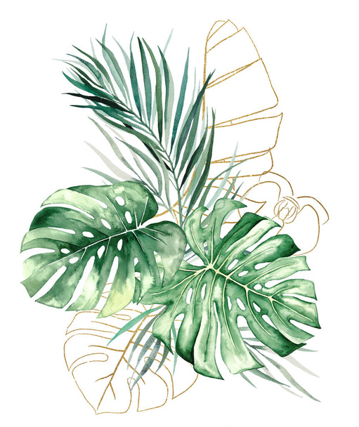 Kytice ze zelené a zlaté akvarel tropické monstery, palmy a banánové listy izolované ilustrace. Elegantní prvek pro exotický svatební design, blahopřání a řemeslnou výrobu - Fotografie, Obrázek