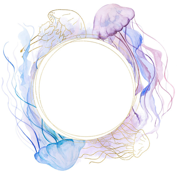 Kehys akvarelli Golden, vaaleanpunainen ja vaalea violetti meduusat, eristetty elementti. Vedenalainen kuvitus rantajuhlien sisustukseen, merihäät ja tervehdys, tilaa tekstille - Valokuva, kuva