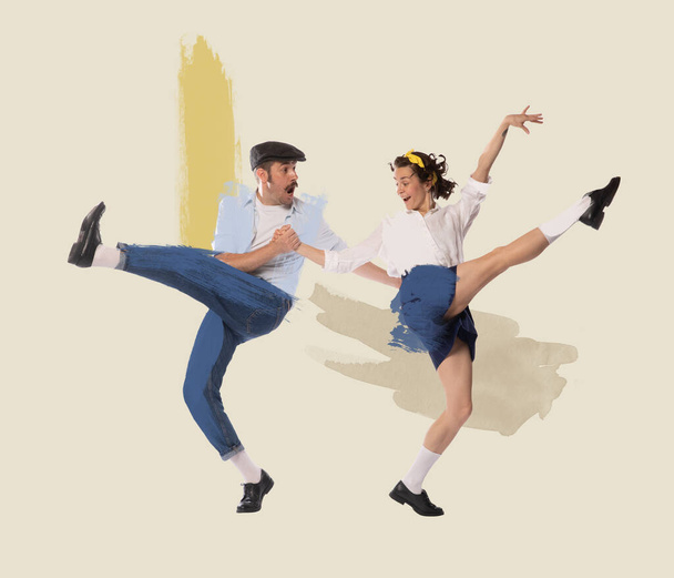Contemporary art collage. Young beautiful couple, man and woman, in stylish retro clothes dancing. Swing. Concept of creativity, retro style, music lifestyle, design. Copy space for ad, poster - Photo, Image