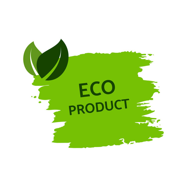 Zielona, naturalna bio etykieta. Napis Eco Produkt na zielonej etykiecie na ręcznie rysowanych plamach. Ilustracja wektora - Wektor, obraz