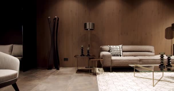 Sofá moderno de tela gris y beige. Sofá de tapicería textil con almohadas. Moderno apartamento hermoso sofá beige en sala de estar moderna con lámpara y alfombra, mesa. Interior escandinavo con pared de madera - Imágenes, Vídeo