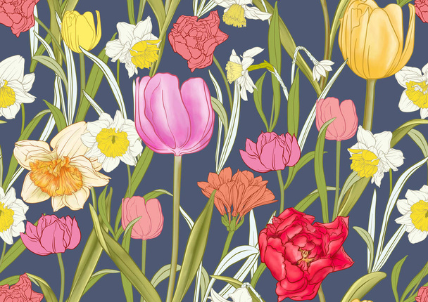 White daffodils and tulips flowers, the early spring flowers. Seamless pattern, background. Vector illustration. In botanical style - Вектор, зображення