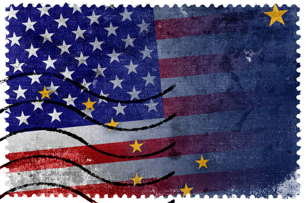USA and Alaska State Flag - old postage stamp - Zdjęcie, obraz