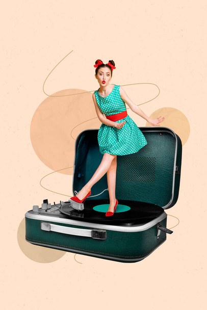 Creative drawing collage picture of miniature funky funny woman dancing big retro vinyl recorder oldschool music lover enjoy song melody. - Foto, afbeelding