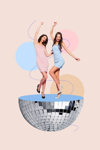 Creative poster collage of two active lady dress heels dancing big disco ball groomed bachelorette party isolated painting background. - Foto, Imagen
