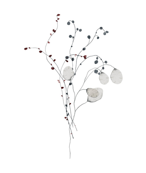 Акварель зимний цветочный букет иллюстрация. Рождественская зеленая цветочная композиция, нежные ботанические мягкие полевые цветы - Фото, изображение