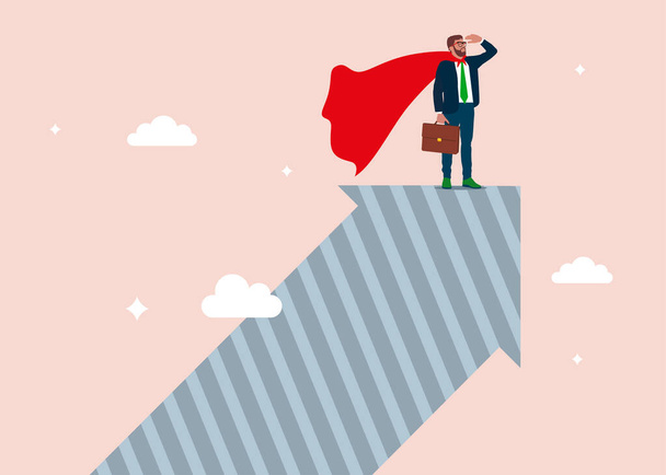 Businessman superhero with powerful red cape stand on growth arrow Success leadership leading business growth strategy, company hero achieve career growth. Flat vector illustration. - Vector, Image