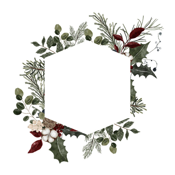 Watercolor Christmas wreath illustration. Winter floral berry flower greenery wreath. Christmas botanical delicate frame - 写真・画像