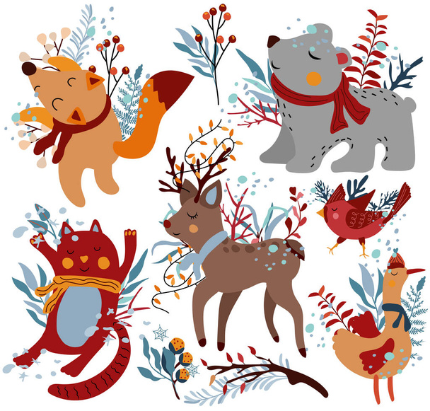 Милые зимние животные, белый медведь, смешная лиса в шарфе, северный кардинал, смешная кошка и цветы и листья. Вектор - Вектор,изображение