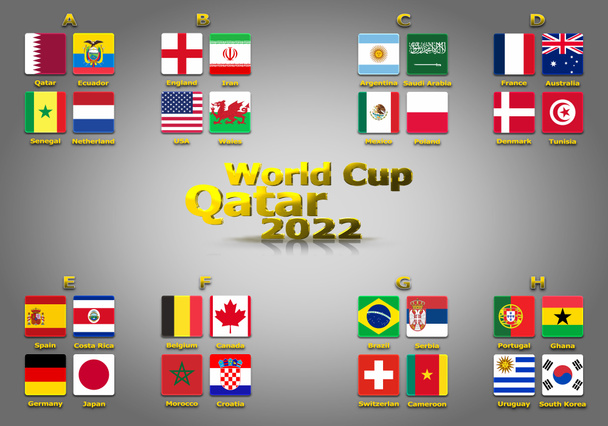 3d illustration groups of World Cup Qatar 2022 championship. All 32 qualifying countries. - Photo, Image