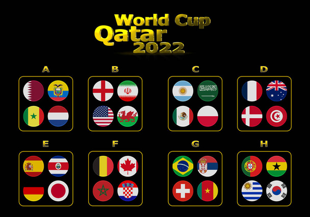 3d illustration groups of World Cup Qatar 2022 championship. All 32 qualifying countries. - Zdjęcie, obraz