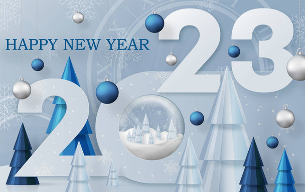 ハッピーニューイヤー2023 、招待カード、メリークリスマス、ハッピーニューイヤー、グリーティングカード、ポスターやウェブバナーのための色の背景にクリスマスボールや雪の結晶の概念とお祝いのパターン - ベクター画像