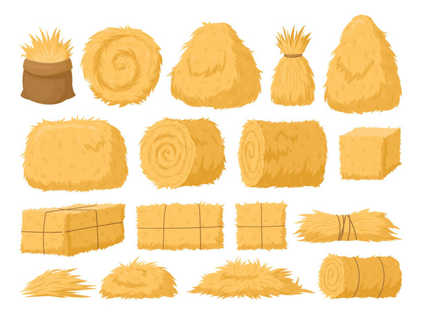 Cartoon haystack, rural hay rolled stacks and agricultural haycocks. Dried haystack, fodder straw and farm haystacks vector symbols illustrations set. Bale of hay collection - Vector, Image