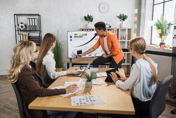 African businesswoman showing on big monitor financial report of company during meeting with multiracial colleagues. Coworkers planning business strategy at modern office. - Foto, imagen