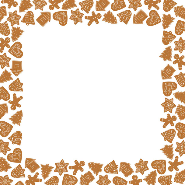 ジンジャーブレッドクッキーの正方形のフレーム。白い背景に冬の手作りのお菓子パターン。分離ベクトル図  - ベクター画像