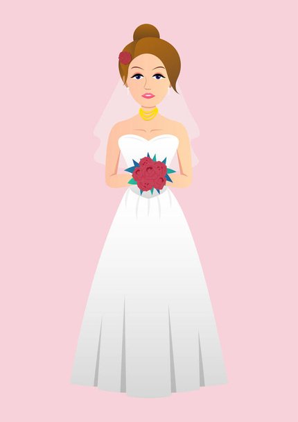 Bride With Flower Bouquet Clip Art Illustration. Wedding Dress - Vetor, Imagem