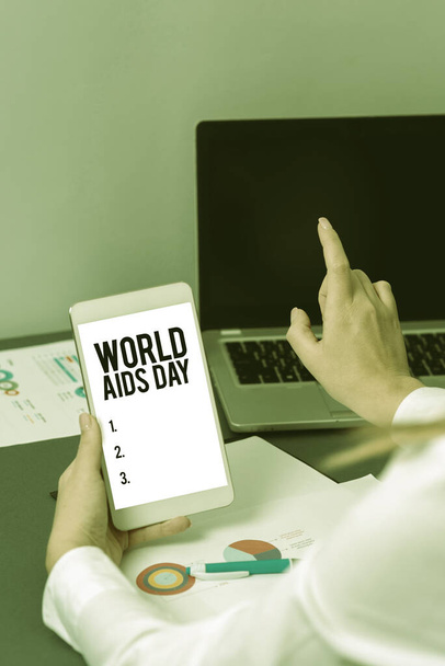 Writing displaying text Παγκόσμια Ημέρα κατά του AIDS 1η Δεκεμβρίου αφιερωμένη στην ευαισθητοποίηση για το AIDS, Word Συντάχθηκε στις 1 Δεκεμβρίου και είναι αφιερωμένη στην ευαισθητοποίηση για το AIDS - Φωτογραφία, εικόνα