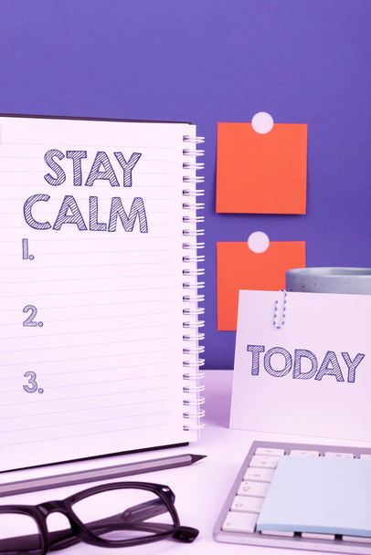 Text sign showing Stay Calm, Business overview Maintain in a state of motion smoothly even under pressure - Photo, Image