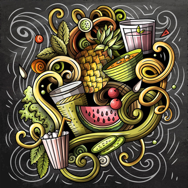 Cartoon raster doodles Dieet voedsel illustratie. Kleurrijk, gedetailleerd, met veel objecten achtergrond. Alle objecten. Krijtbord dieet grappig beeld - Foto, afbeelding