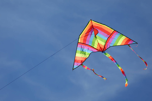 Kite with rainbow colors flying in the blue sky symbol of hope joy brotherhood - Photo, Image