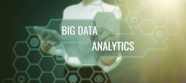 Legenda conceitual Big Data AnalyticsO processo de examinar conjuntos de dados grandes e variados, vitrine de negócios O processo de examinar conjuntos de dados grandes e variados - Foto, Imagem