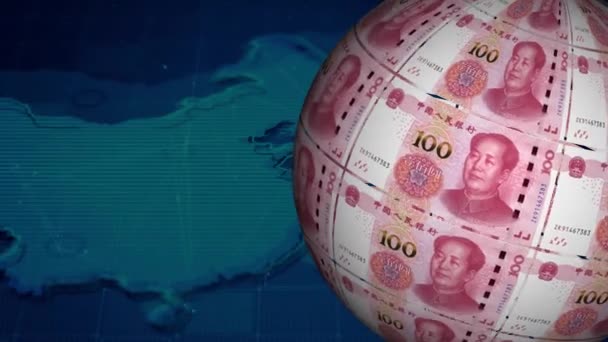 China moeda chinesa Yuan com mapa de China fundo - Filmagem, Vídeo