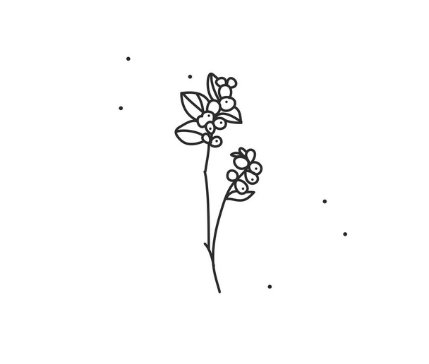 Ilustración gráfica plana de stock abstracto vectorial dibujado a mano con elemento de logotipo, arte de línea de rama de flor mágica bohemia en estilo simple para la marca, aislado en fondo blanco. - Vector, imagen