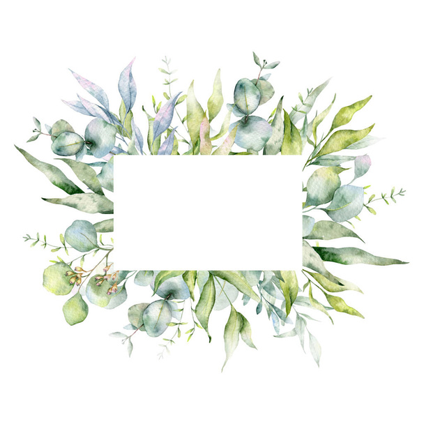 Eukaliptus Gałęzie Akwarela, Kwiatowa Rama, Rama zieleni, Kwiatowa Rama, Zielone Liście Skład, Kompozycja kwiatowa  - Zdjęcie, obraz
